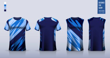 Tişört modeli, futbol forması için spor gömlek şablonu tasarımı, futbol takımı. Basketbol forması için atlet, koşan atlet. Önde ve arkada spor üniformaları için kumaş desenleri var. Vektör İllüstrasyonu