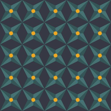 Gök yıldızı şekilli, geometrik, dikişsiz desen ve koyu arkaplanda sarı nokta. Tekstil ürünleri, duvar kağıtları, ambalaj kağıtları için geçmişe dönük tasarım deseni. Vektör İllüstrasyonu.