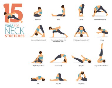 Infographic 15 Yoga, düz tasarımda boyun esnetme kavramında evde egzersiz için poz veriyor. Kadınlar vücut esneme egzersizi yapıyor. Fitness bilgisi için yoga duruşu ya da asana. Düz Çizgi film Vektör İllüstrasyonu.
