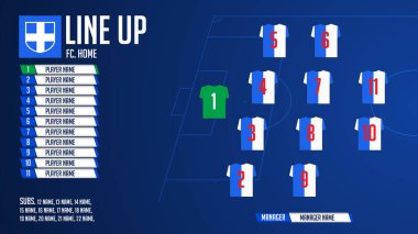 Futbol ya da futbol takımları için bilgi. Futbol sahasında bir dizi futbolcu pozisyonu. Düz dizaynlı futbol forması ikonlarıyla futbol takımı. Vektör İllüstrasyonu.