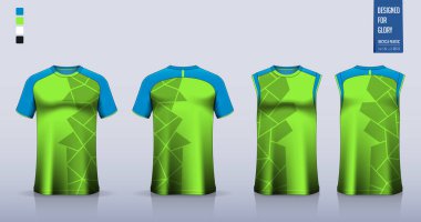 Tişört modeli, futbol forması için spor gömlek şablonu tasarımı, futbol takımı. Basketbol forması için atlet, koşan atlet. Önde ve arkada spor üniformaları için kumaş desenleri var. Vektör İllüstrasyonu