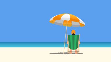 Bir adam yaz boyunca plaj sandalyesinin altında ve deniz kenarındaki turuncu plaj şemsiyesinde dinlenir. Parlak mavi gökyüzü, turkuaz su kontrastı ve beyaz kum. Seyahat, tatil, rahat yaşam tarzı için ideal. Vektör İllüstrasyonu.