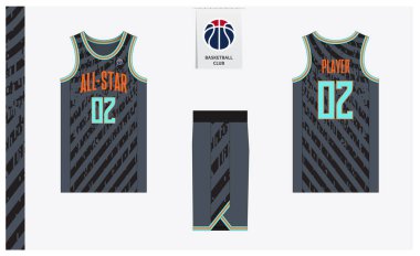 Spor kulübü için basketbol forması şablonu tasarımı. Basketbol forması, öndeki basketbol şortu, arka görüş ve yan görüş. Basketbol logosu tasarımı. Vektör İllüstrasyonu