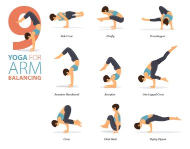 Infographic 9 Yoga düz tasarımda kol dengeleme kavramında evde egzersiz için poz veriyor. Kadınlar vücut esneme egzersizi yapıyor. Fitness bilgisi için yoga duruşu ya da asana. Düz Çizgi film Vektör İllüstrasyonu.