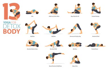 Infographic 13 Yoga, düz tasarımda vücut detoksu kavramında evde egzersiz yapmak için poz veriyor. Kadınlar vücut esneme egzersizi yapıyor. Fitness bilgisi için yoga duruşu ya da asana. Düz Çizgi film Vektör İllüstrasyonu.