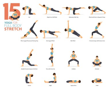 Infographic 15 Yoga, düz tasarımda vücut germe kavramı için evde egzersiz pozu veriyor. Kadınlar vücut esneme egzersizi yapıyor. Fitness bilgisi için yoga duruşu ya da asana. Düz Çizgi film Vektör İllüstrasyonu.