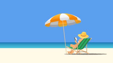 Güneş şapkası takan bir kadın turuncu çizgili şemsiyenin altında plaj sandalyesinde rahatlıyor ve okyanus kenarında kitap okuyor. Seyahat, tatil ve yaz afişi için boş zaman kavramları. Vektör illüstrasyonu.