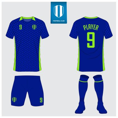 Futbol forması ya da futbol kulübü için futbol takımı tasarımı. Futbol tişörtü, kısa, çorap şablonu. Futbol forması ön tarafta, arka planda. Düz dizaynlı futbol logosu. Vektör İllüstrasyonu. 