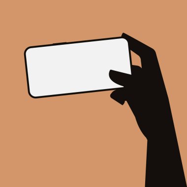 Siyah siluet el, açık kahverengi arka planda boş ekran ile akıllı telefonu tutuyor. Teknoloji afişi için düz dizaynlı el hareketleri. Vektör İllüstrasyonu.