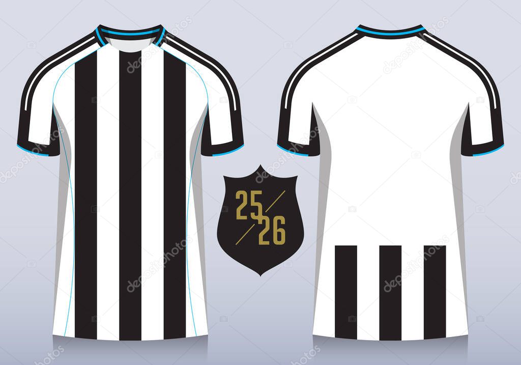 Front and back view of black and white stripes pattern with round collar for football club. Sportswear, sport uniform, soccer jersey or football kit mockup template design in minimal style. Vector Illustration.