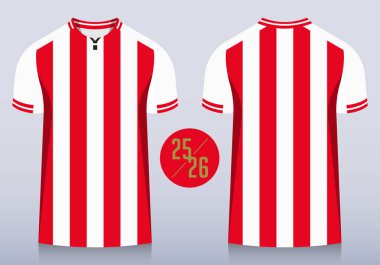 Futbol kulübü için önü ve arkası kırmızı ve beyaz çizgili, yuvarlak yakalı. Spor giyim, spor üniforma, futbol forması ya da futbol takımı modelleme şablonu tasarımı. Vektör İllüstrasyonu.