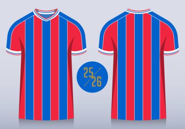 Futbol kulübü için v yakalı mavi ve kırmızı çizgili ön ve arka manzara. Spor giyim, spor üniforma, futbol forması ya da futbol takımı modelleme şablonu tasarımı. Vektör İllüstrasyonu.