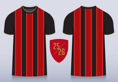 Futbol kulübü için önü ve arkası kırmızı ve siyah çizgili tasmalı. Spor giyim, spor üniforma, futbol forması ya da futbol takımı modelleme şablonu tasarımı. Vektör İllüstrasyonu.