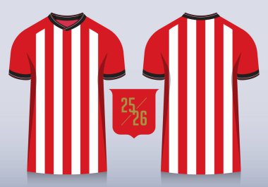 Futbol kulübü için önü ve arkası kırmızı ve beyaz çizgili, yuvarlak yakalı. Spor giyim, spor üniforma, futbol forması ya da futbol takımı modelleme şablonu tasarımı. Vektör İllüstrasyonu.