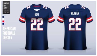 Mavi ve kırmızı Amerikan futbol forması şablon tasarımı. Ön manzara ve arka manzara futbol takımı tasarımı. Vektör İllüstrasyonu