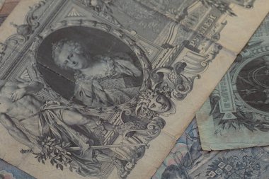 Old paper money of the Russian Empire of the 19th century background clipart