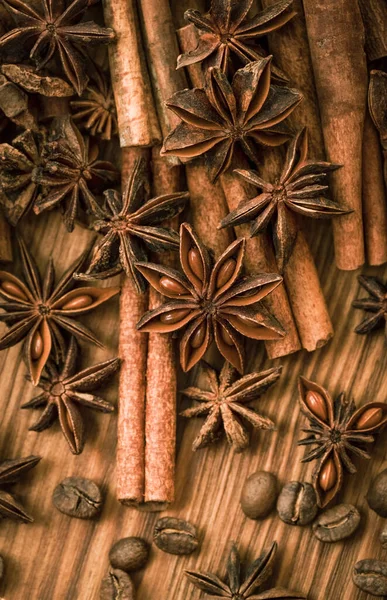 Background Cinnamon Sticks Anise Stars Coffee Beans Nuts Spicy Trendy —  Fotos de Stock