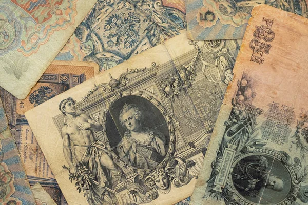 沙皇俄国的货币背景 来自俄罗斯帝国的100卢布 25卢布 5卢布 3卢布 来自19世纪的稀有纸币 俄罗斯帝国的卢布纸币 — 图库照片