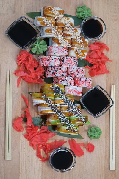 Set Colorful Different Kinds Sushi Rolls Placed Wooden Board Assortment — Stock Photo, Image