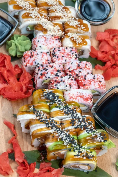 Set Colorful Different Kinds Sushi Rolls Placed Wooden Board Assortment — Stock Photo, Image