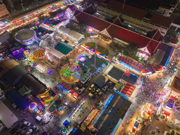 Aerial Top View Amusement Park Night Temple Fair Night Local — Zdjęcie stockowe