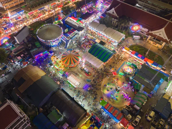 Aerial Top View Amusement Park Night Temple Fair Night Local — Φωτογραφία Αρχείου