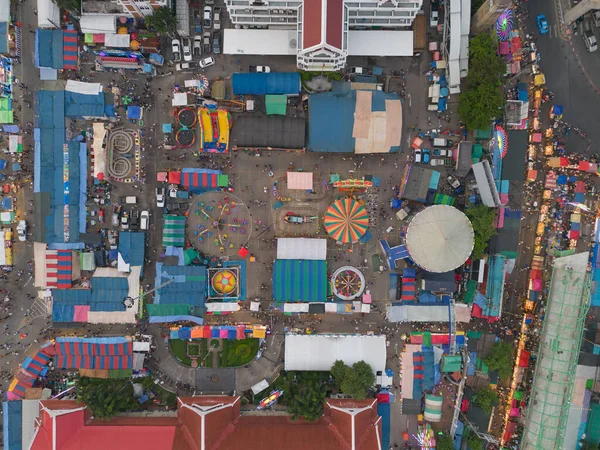 Aerial Top View Amusement Park Night Temple Fair Night Local — стокове фото