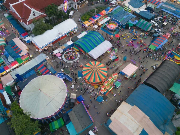 Aerial Top View Amusement Park Night Temple Fair Night Local — Stockfoto