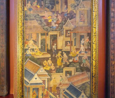 Wat Phumin Tapınağı, Nan, Tayland 'da JAJA Krasip Rak veya Poo Man Man' in resim duvar dekorasyonu romantik bir çift. Meşhur turistik cazibe.