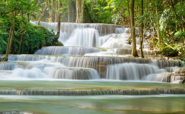 Erawan Şelalesi. Doğal alanda Kanchanaburi ilçe doğa manzara. Bu tatil ve tatil arka plan, turistik seyahat için Tayland'da bulunan.