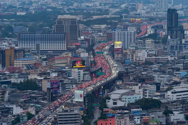 Stock image Aerial view of busy cars with traffic jam in the rush hour on highway road street on bridge in Bangkok Downtown, urban city in Asia, Thailand at sunset. Intersection junction. Toll gate in Rama 9