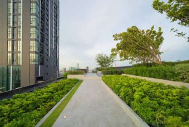 Özel çatı katı ya da otel, ağaç, çimen tarlası ve günbatımı gökyüzü olan yüksek binalar..