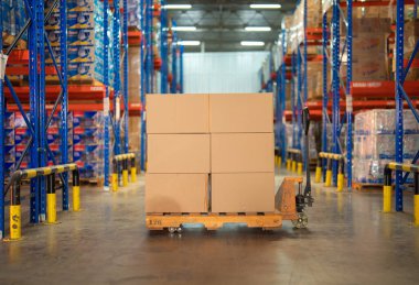 Büyük bir depo perakende mağazası sanayisi. Mobilya yığını ve ev aksesuarları deposu. Ekommerce ve lojistik konsept kargo. Depo