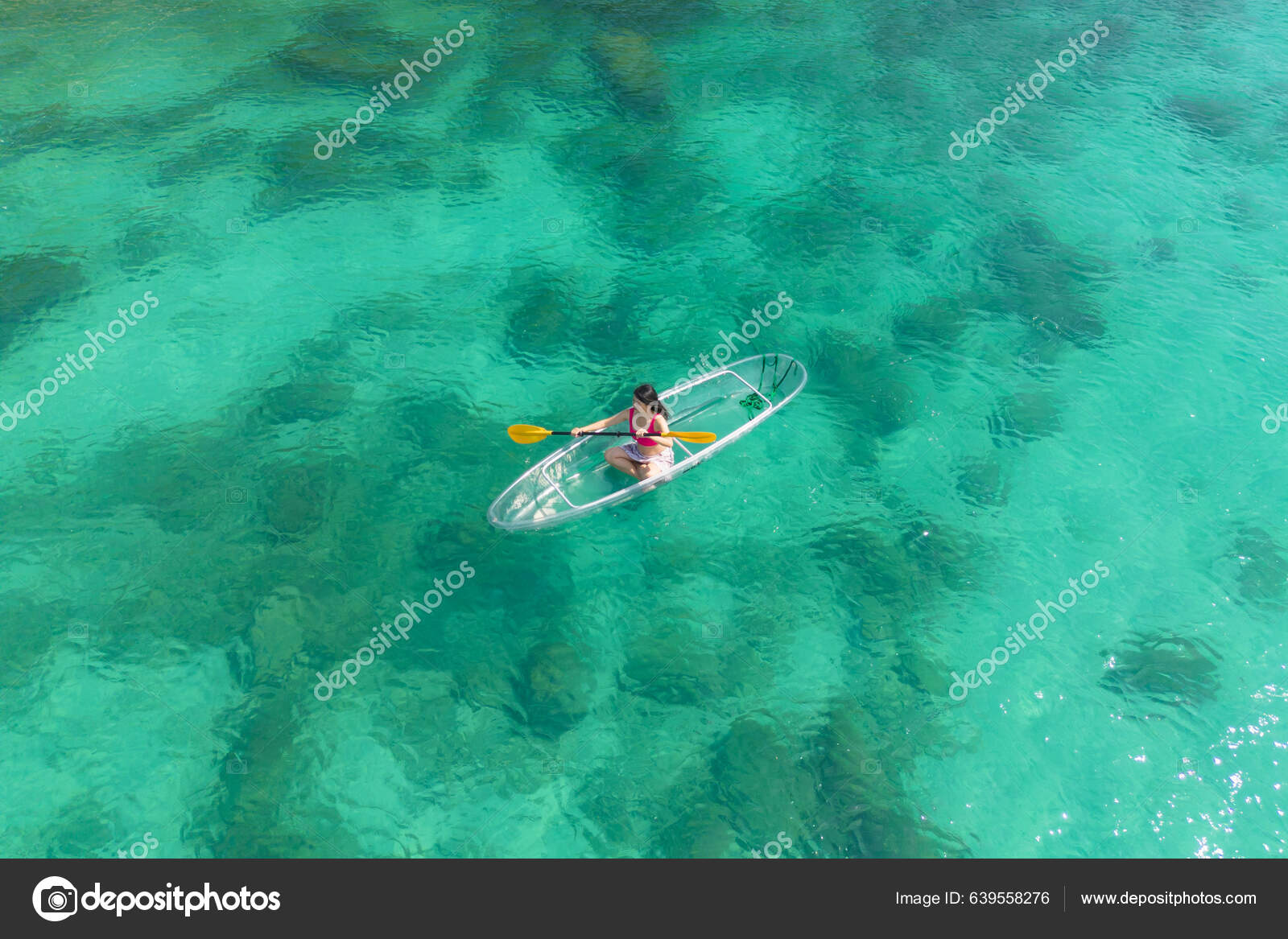 Aerial Top View Asian Woman Tourist Paddling Boat Canoe Kayak Stock