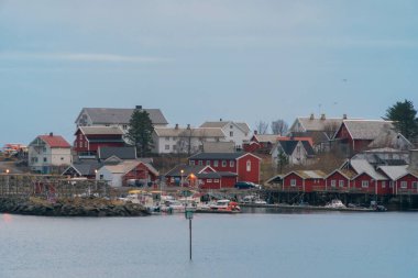 White snow mountain in Lofoten islands, Nordland county, Norway, Europe. Hills and trees, nature landscape in winter season. Winter background.