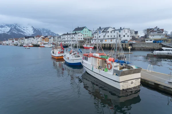 Henningsvaer village island downtown Skyline, Norway. Financial district and business centers in smart urban city in Europe. Skyscraper and high-rise buildings at night.