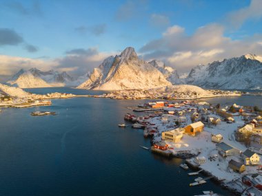 White snow mountain in Lofoten islands, Nordland county, Norway, Europe. Hills and trees, nature landscape in winter season. Winter background.