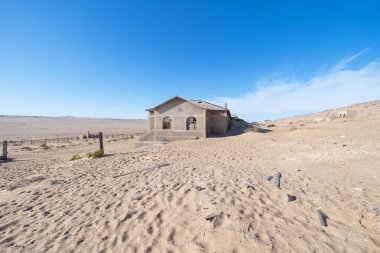 Kolmanskop 'un dışı, terk edilmiş evler. Güney Afrika, Namibya 'daki ünlü turist merkezi. Ana odada boş kum tepeciği. Hayalet kasaba..