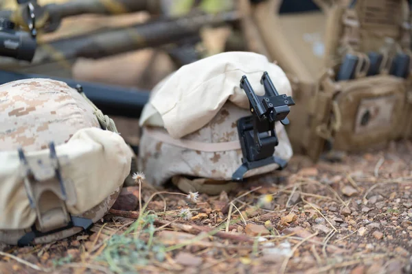 Fegyvertáskák Sisakok Hadsereg Tengerészgyalogság Katonai Háború Részt Vesz Készül Hogy — Stock Fotó