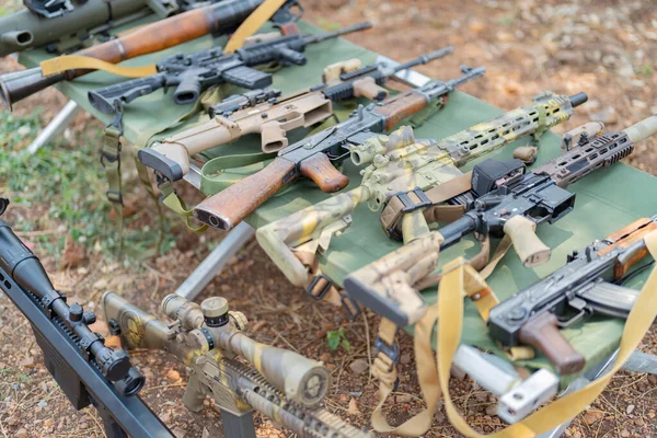 stock image Gun weapons bags and bullets for Army marine corps soldier military war participating and preparing to attack the enemy in Thailand during Exercise Cobra Gold in battle. Combat force training.