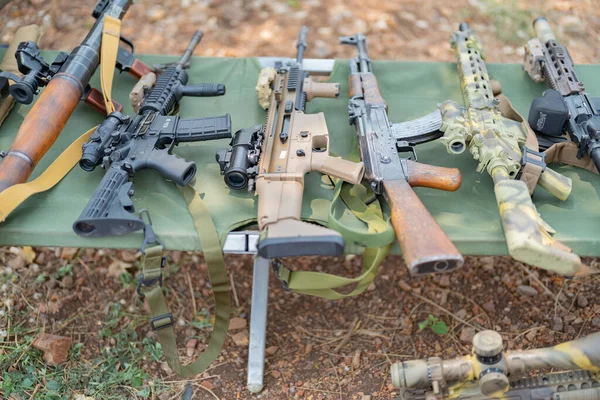 stock image Gun weapons bags and bullets for Army marine corps soldier military war participating and preparing to attack the enemy in Thailand during Exercise Cobra Gold in battle. Combat force training.