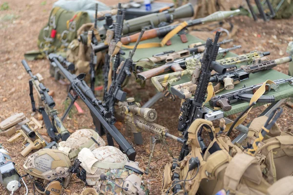 stock image Gun weapons bags and bullets for Army marine corps soldier military war participating and preparing to attack the enemy in Thailand during Exercise Cobra Gold in battle. Combat force training.