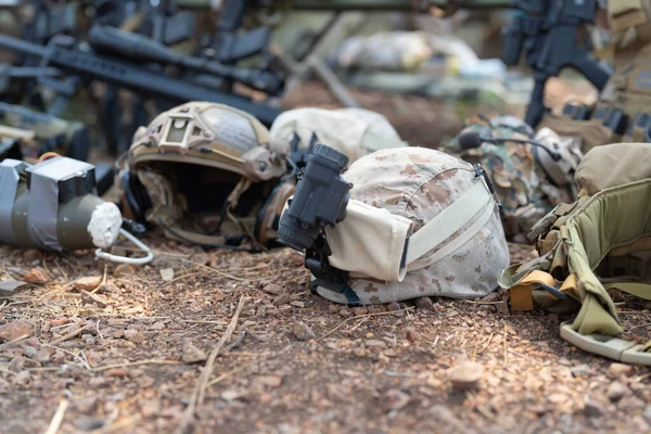 stock image Gun weapons bags and bullets for Army marine corps soldier military war participating and preparing to attack the enemy in Thailand during Exercise Cobra Gold in battle. Combat force training.