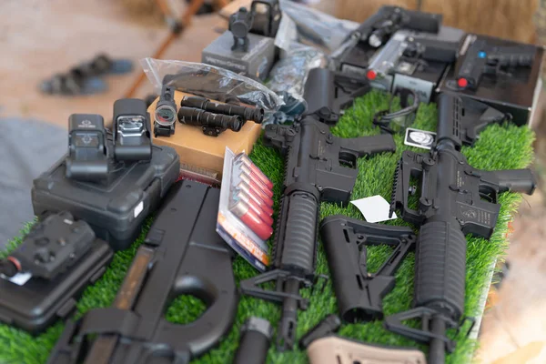 stock image Gun weapons bags and bullets for Army marine corps soldier military war participating and preparing to attack the enemy in Thailand during Exercise Cobra Gold in battle. Combat force training.