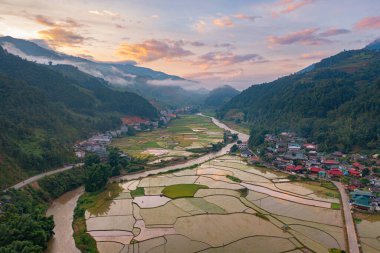 Taze çeltik pirinç teraslarının havadan görünüşü, Mu Cang Chai 'nin kırsal ya da kırsal kesimindeki yeşil tarım alanları, Asya' daki dağ tepeleri vadisi, Vietnam. Doğa manzarası arka planı.