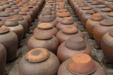 Bahçedeki eski seramik ya da çamur sosu çömlek kavanozları, vazo ya da saksı desenli arka plan. Terracotta
