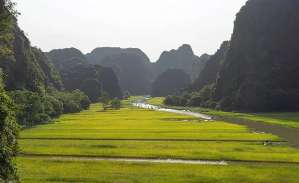 新鮮な水田米や湖の川の空中トップビュー ニンビンの田舎や農村地域で山の丘の谷と緑の農業分野 アジアで ベトナム 自然景観の背景 — ストック写真
