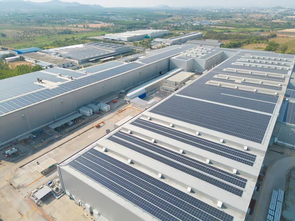 Aerial View Solar Panels Solar Cells Roof Factory Building Rooftop — Fotografia de Stock