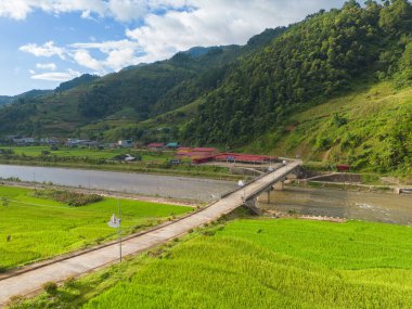 Taze çeltik pirinç teraslarının havadan görünüşü, Mu Cang Chai 'nin kırsal ya da kırsal kesimindeki yeşil tarım alanları, Asya' daki dağ tepeleri vadisi, Vietnam. Doğa manzarası arka planı.