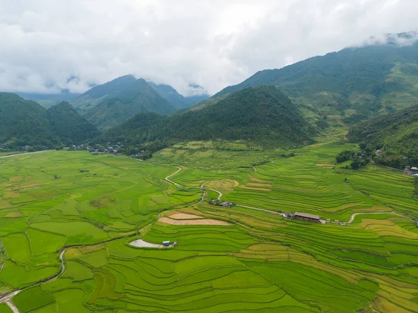 stock image Aerial top view of fresh paddy rice terraces, green agricultural fields in countryside or rural area of Mu Cang Chai, mountain hills valley in Asia, Vietnam. Nature landscape background.